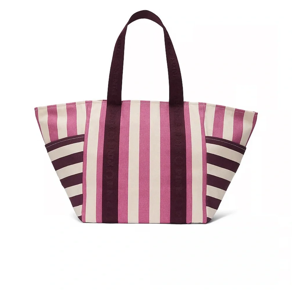 🆕 PINK VICTORIA'S SECRET STRIPED LARGE CANVAS TOTE WEEKENDER BAG - Picture 2 of 8